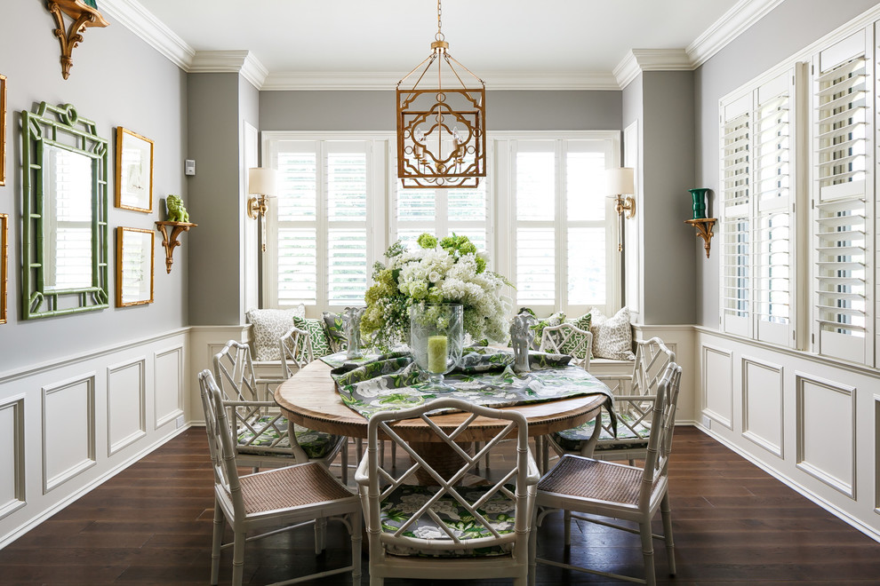Photo of a traditional dining room in Louisville with grey walls and dark hardwood floors.