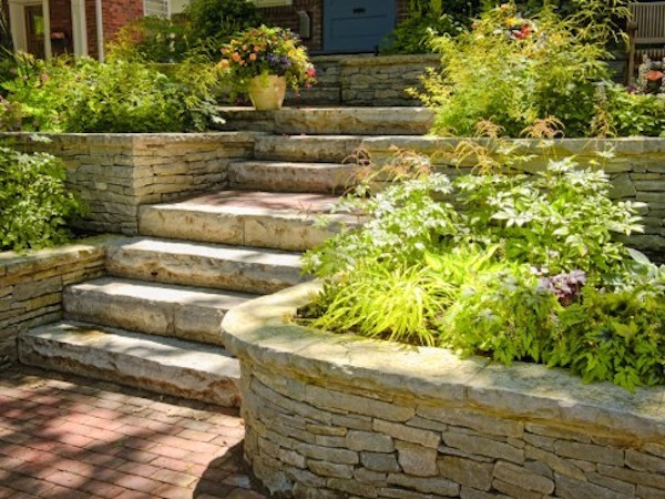 Photo of a mid-sized transitional front yard brick landscaping in Boston with a roof extension.