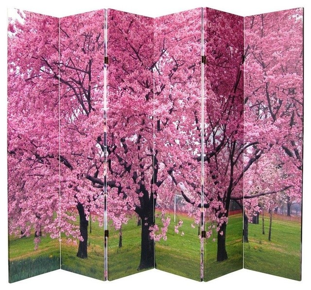 6' Tall Double Sided Cherry Blossoms Canvas Room Divider 6 Panel