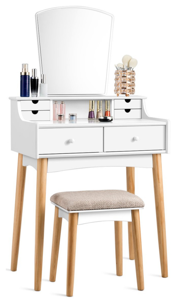 Retro Vanity Set, Table With Small/Large Drawers & Unique Shaped Mirror, White