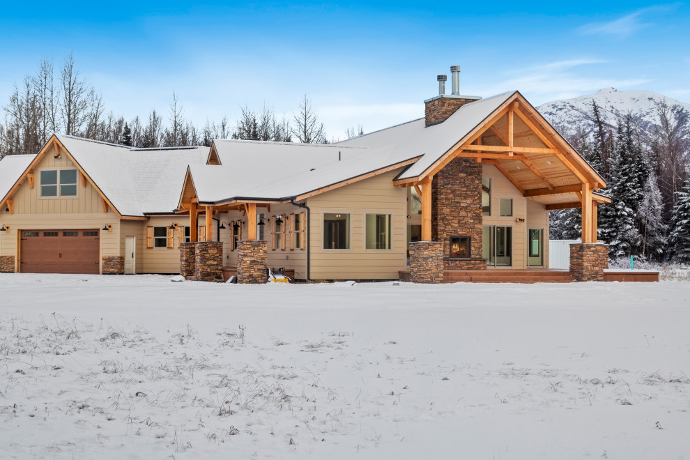 Large rustic white two-story concrete fiberboard and board and batten house exterior idea with a butterfly roof, a shingle roof and a gray roof