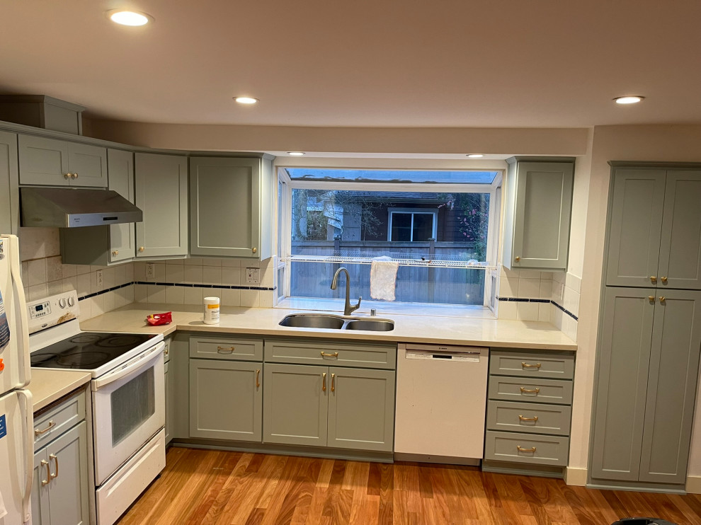 Sage Green Shaker Kitchen Reface With Gold Hardware
