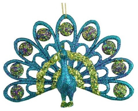 5.5" Fan-Tail Regal Peacock Sparkling Mica Glitter Christmas Ornament