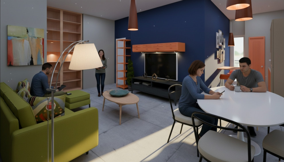 VISTE PROSPETTICHE DEL PROGETTO DI UN APPARTAMENTO CON ZONA LIVING E ANGOLO CUCI