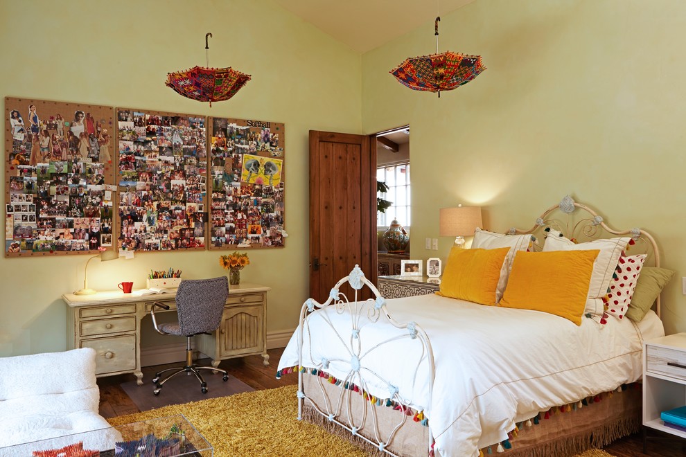 Large transitional kids' room in Los Angeles with green walls and dark hardwood floors for girls.