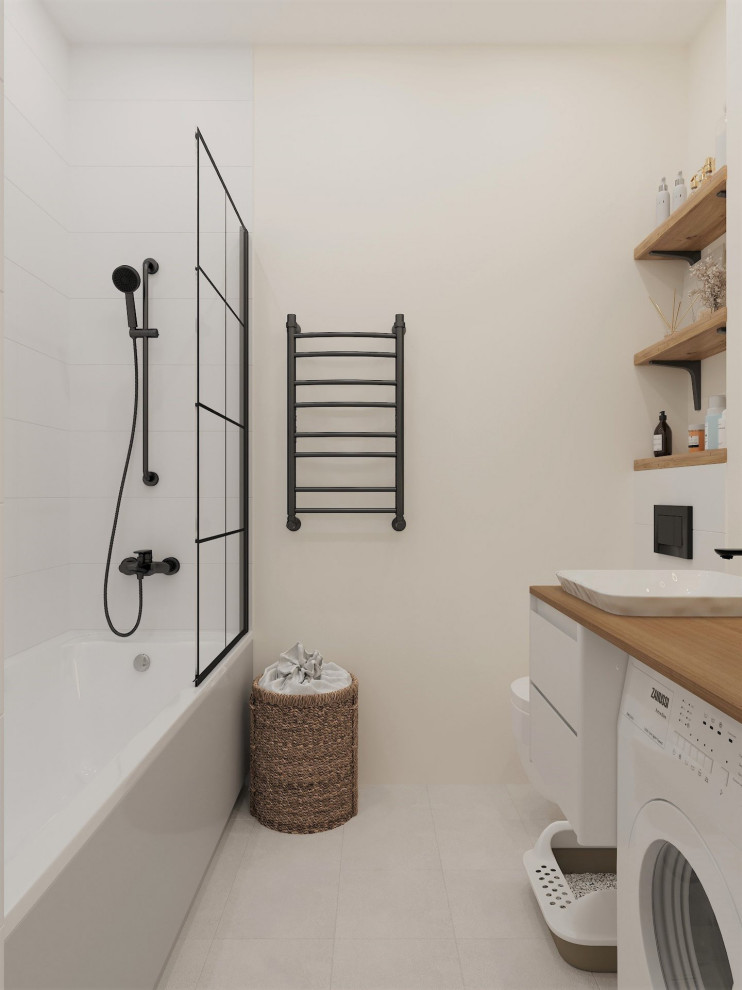 Inspiration for a small scandinavian master bathroom in Belfast with white cabinets, a wall-mount toilet, white tile, white floor and a single vanity.