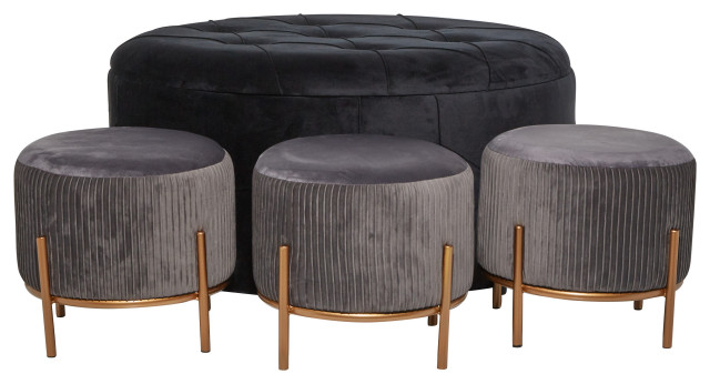 photo Large Round Ottoman With Storage large round black and grey velvet fabric storage ottoman set set of 3