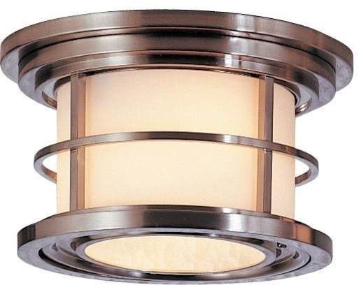 Feiss Lighthouse 2-Light Brushed Steel Opal Etched Glass Drum Shade Flush Mounts