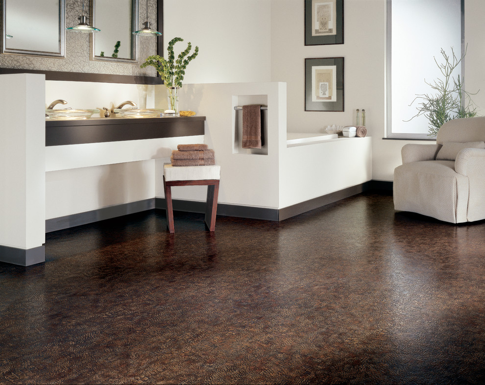 Corner bathtub - mid-sized transitional master vinyl floor corner bathtub idea with white walls, a vessel sink and wood countertops