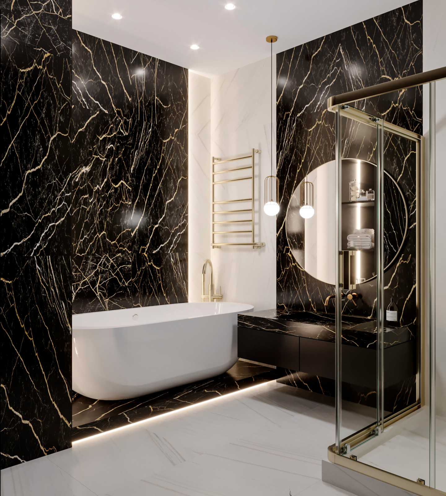 Ванная комната в современном стиле с элементами драмы