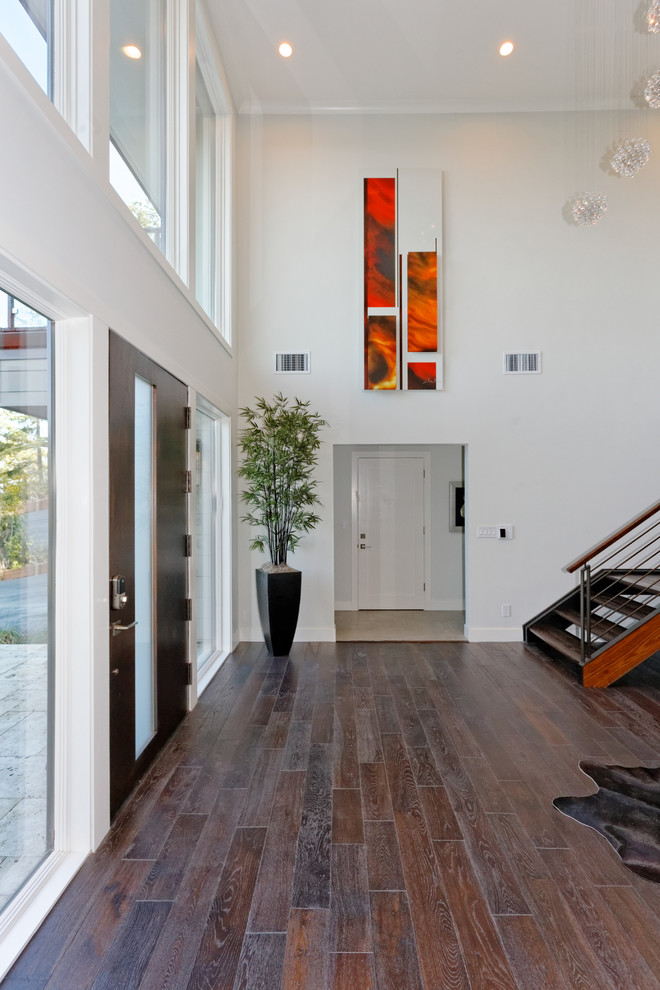 Photo of a large modern entryway in San Francisco with white walls, dark hardwood floors, a single front door, a brown front door and brown floor.