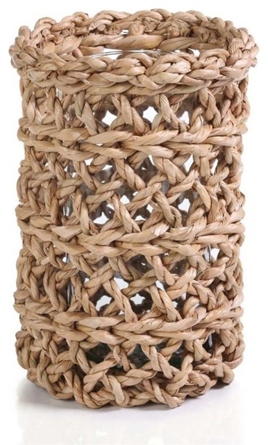 12" Tall Seagrass Woven Hurricane Candle Holder, Glass Insert