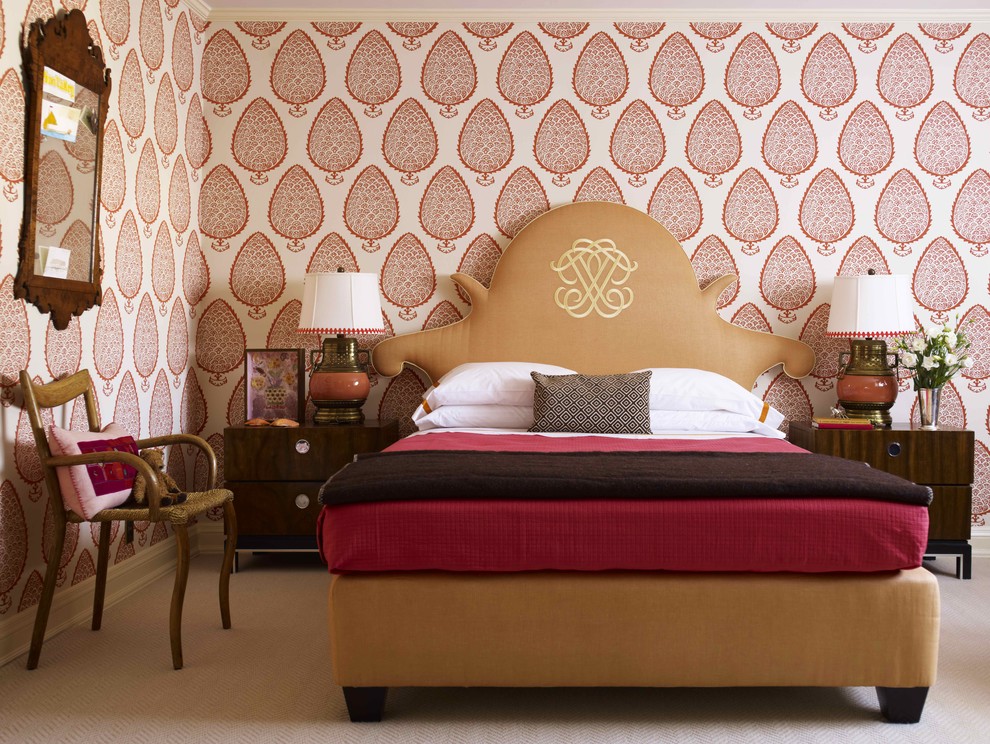 Contemporary bedroom in New York with multi-coloured walls and carpet.