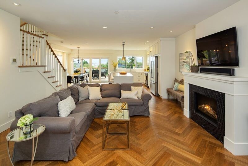 living room herringbone brick fireplace