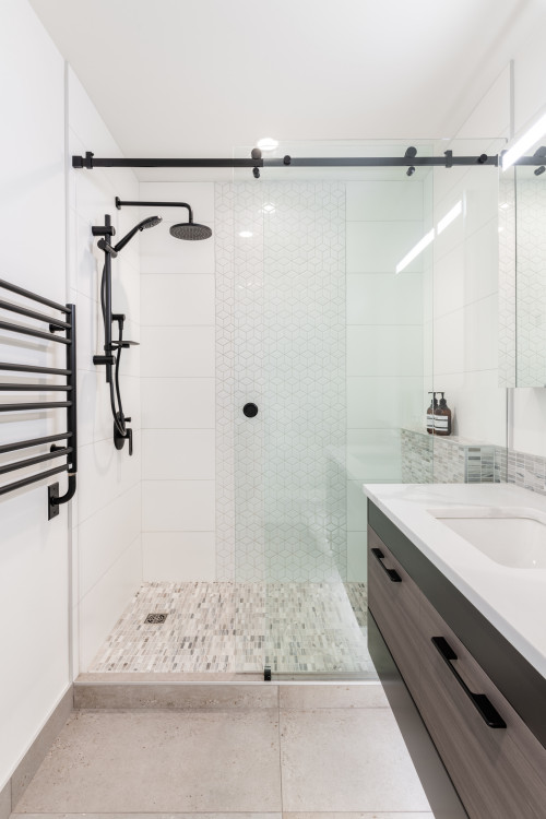 Artistic Touch: White Escher Tile Backsplash with Glass Sliding Door