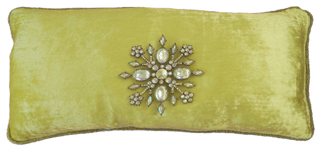 Green Celadon Lime Velvet Beaded Pillow With Removable Jewels