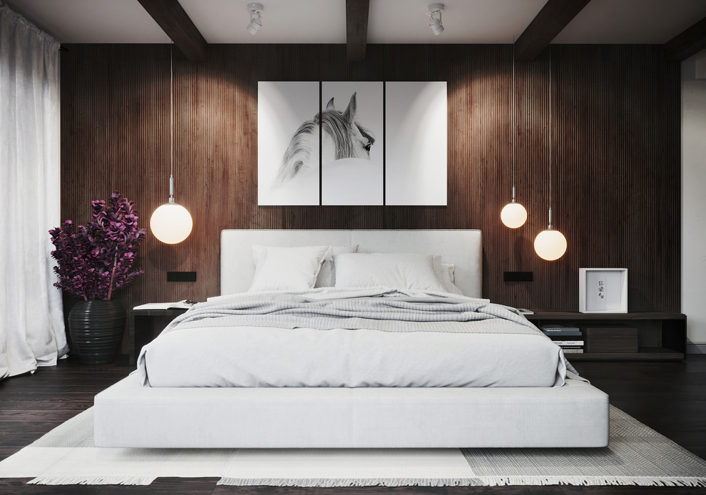 This is an example of a large contemporary master bedroom in Barcelona with dark hardwood floors, brown floor, brown walls and no fireplace.