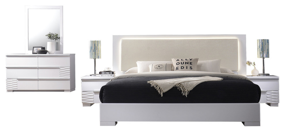 Athens, White Lacquer 5-Piece Platform Modern Bedroom Set, Eastern King