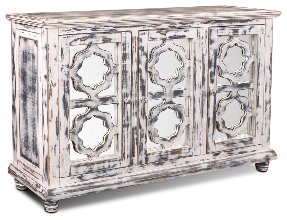 Keystone Distressed White Mirrored Sideboard/Cabinet/Bookcase