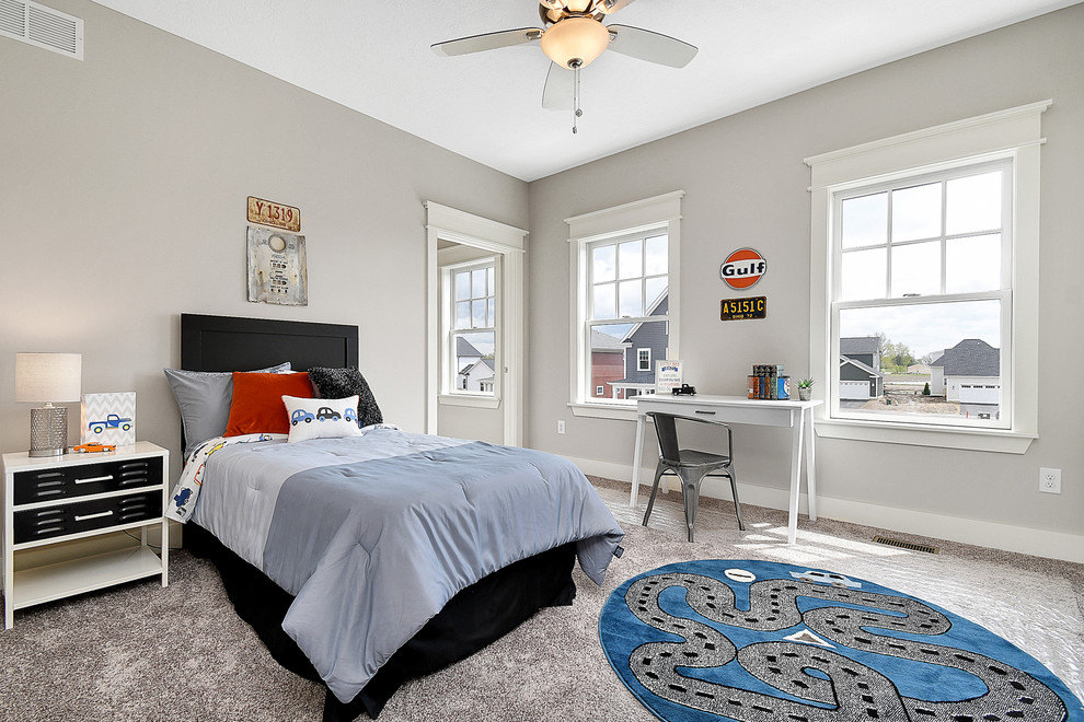Transitional kids' room in Columbus with grey walls, carpet and grey floor.