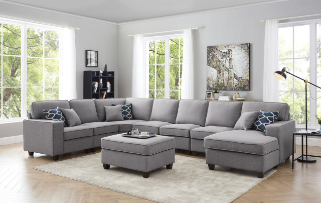 Irma Light Gray Linen 8pc Modular L, Light Gray Sofa With Chaise