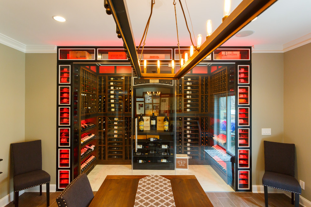 Inspiration for a mid-sized contemporary wine cellar in New York with marble floors and display racks.