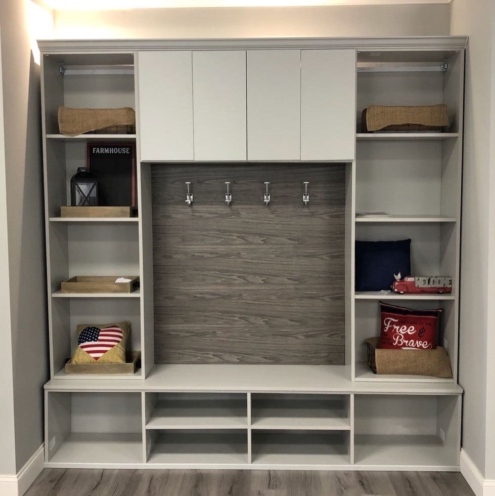 Inspiration for a mid-sized modern mudroom in Other with beige walls, dark hardwood floors, a double front door, a gray front door and brown floor.