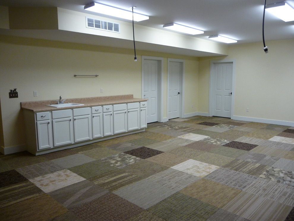 Large transitional look-out carpeted basement photo with yellow walls