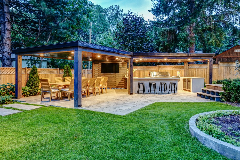 Pool house - mid-sized transitional backyard stamped concrete and rectangular pool house idea in Toronto