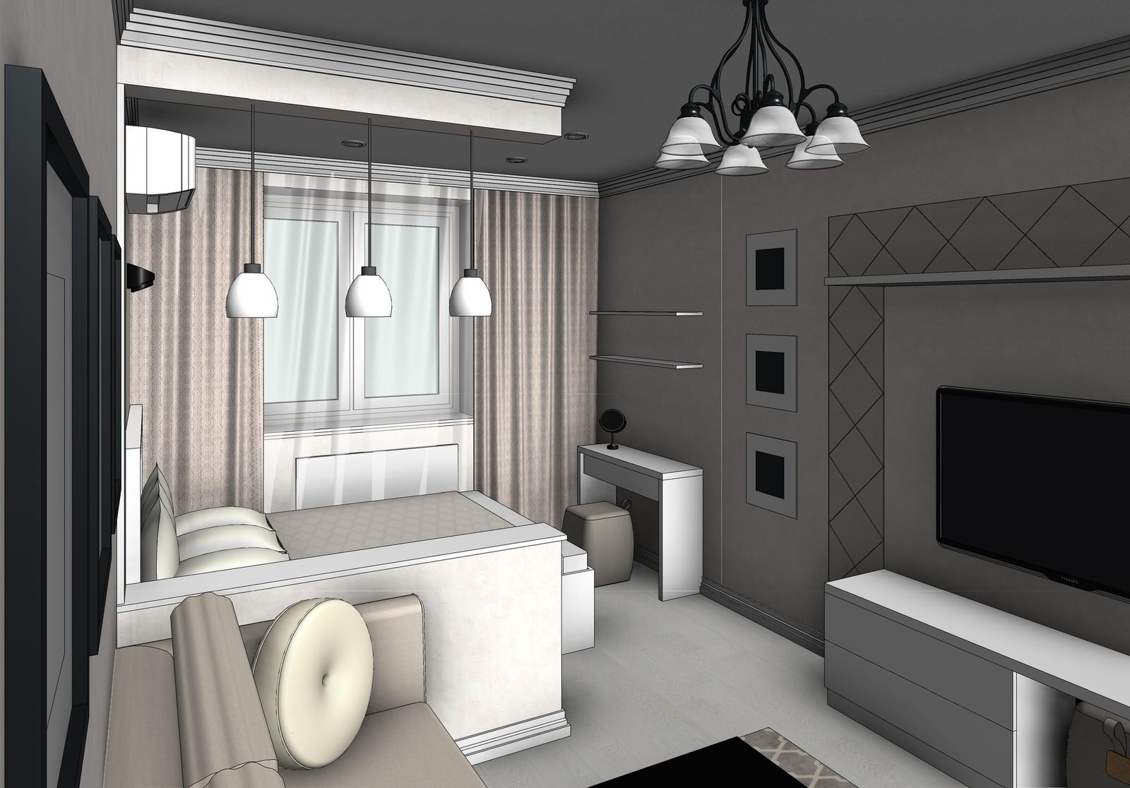 Эскизная визуализация проекта квартиры для молодой пары