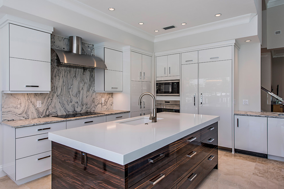 Large contemporary u-shaped separate kitchen in New York with a drop-in sink, open cabinets, dark wood cabinets, marble benchtops, ceramic floors, beige floor, white benchtop, multi-coloured splashback, marble splashback, stainless steel appliances and with island.