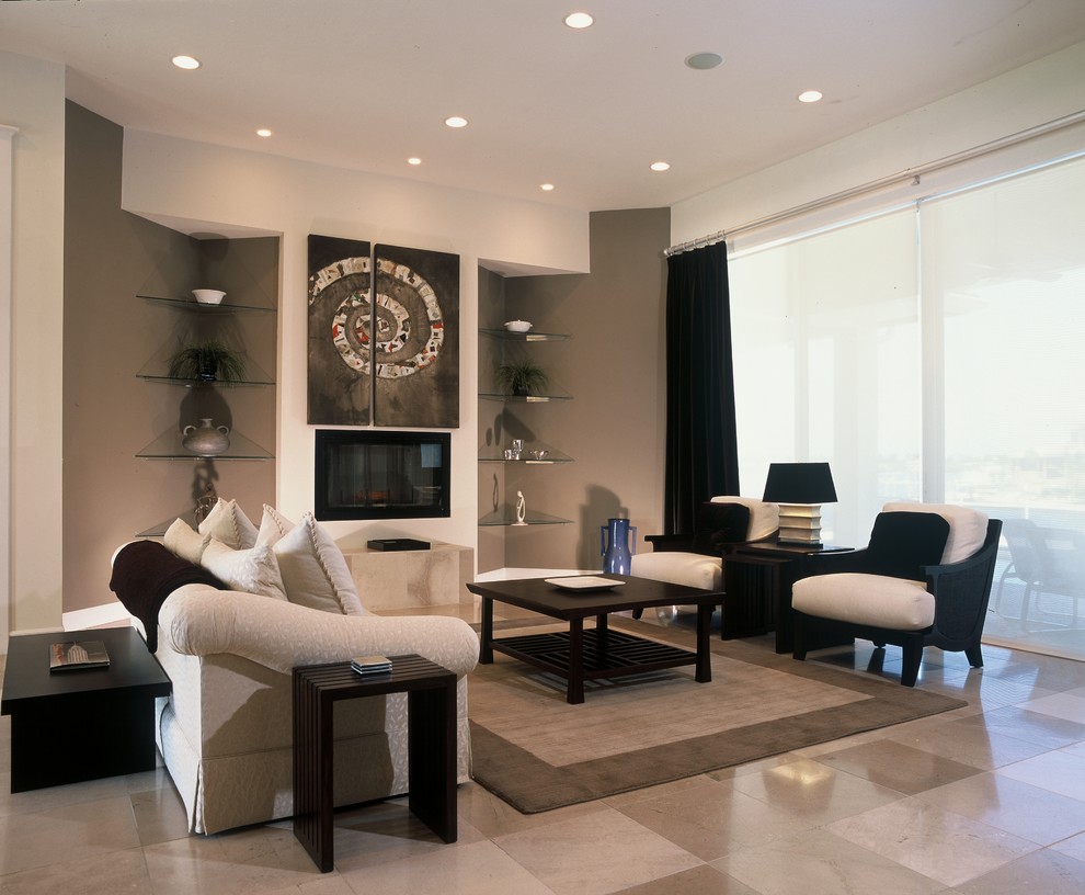 Design ideas for a contemporary living room in Miami with grey walls and a built-in media wall.