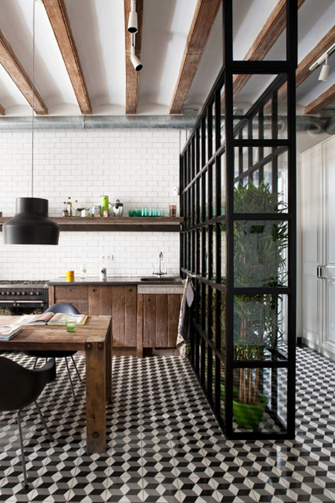 Photo of a large contemporary single-wall open plan kitchen in Madrid with no island.