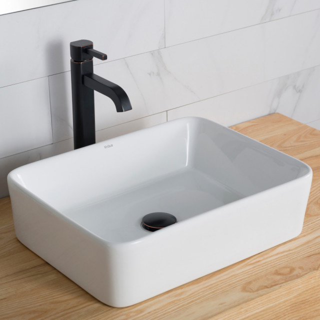 Elavo Square Ceramic Vessel Sink, Bathroom Ramus Faucet, Drain, Oil Rub Bronze