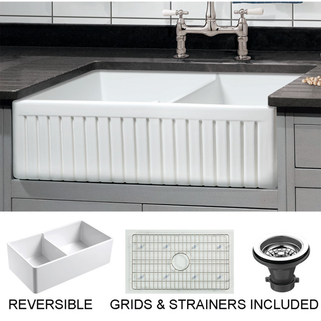 Sutton Place Reversible Farmhouse 55 45 Double Bowl Sink Grid Strainer 33 Contemporary Kitchen Sinks By Empire Industries Inc Houzz Sutton Place Reversible Farmhouse 55 45, Double Bowl Farm Sink
