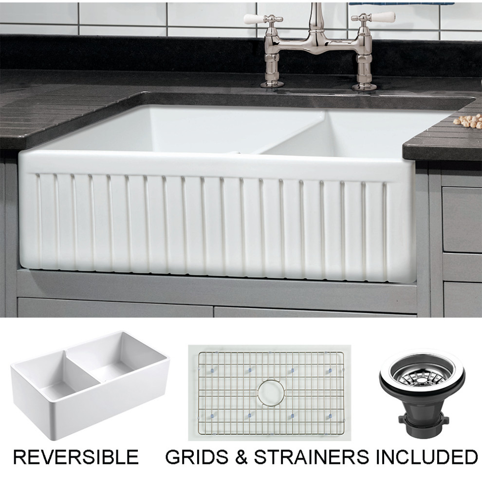 Sutton Place Reversible Farmhouse 55/45 Double Bowl Sink, Grid