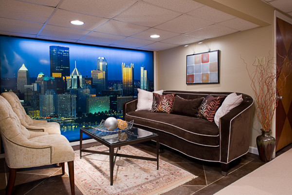 Mid-sized transitional walk-out ceramic tile and brown floor basement photo with beige walls and no fireplace