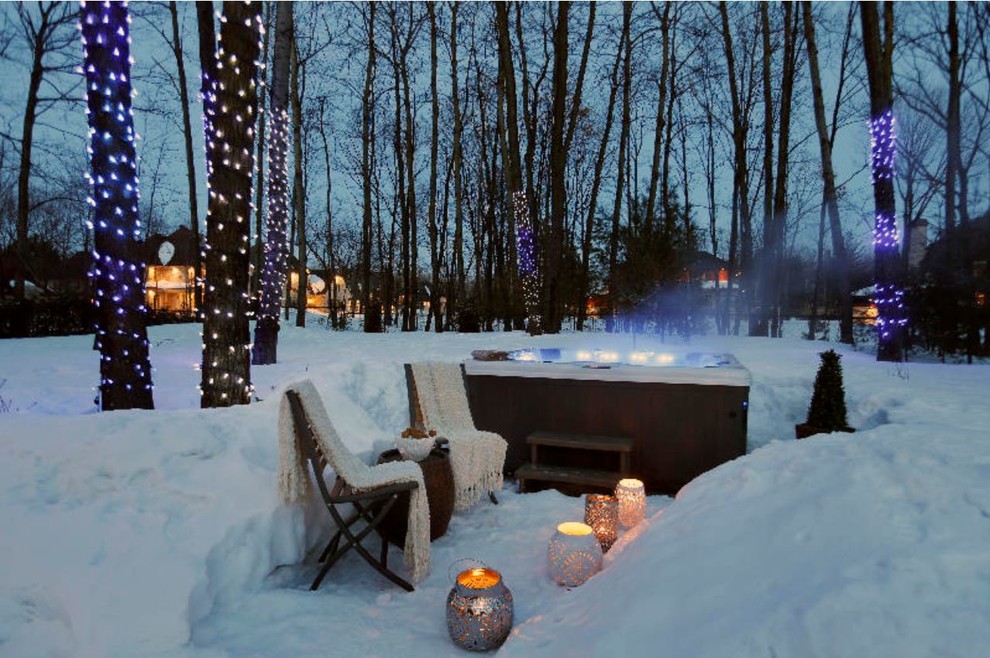 Pool fountain - transitional pool fountain idea for winter