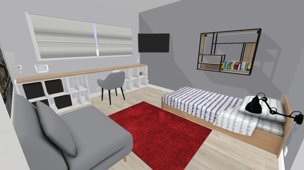 Пример оригинального дизайна: детская среднего размера в стиле лофт с спальным местом, серыми стенами, полом из ламината и коричневым полом для подростка, мальчика