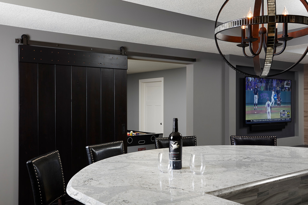 Large traditional single-wall seated home bar in Minneapolis with open cabinets, black cabinets, granite benchtops, multi-coloured splashback and dark hardwood floors.