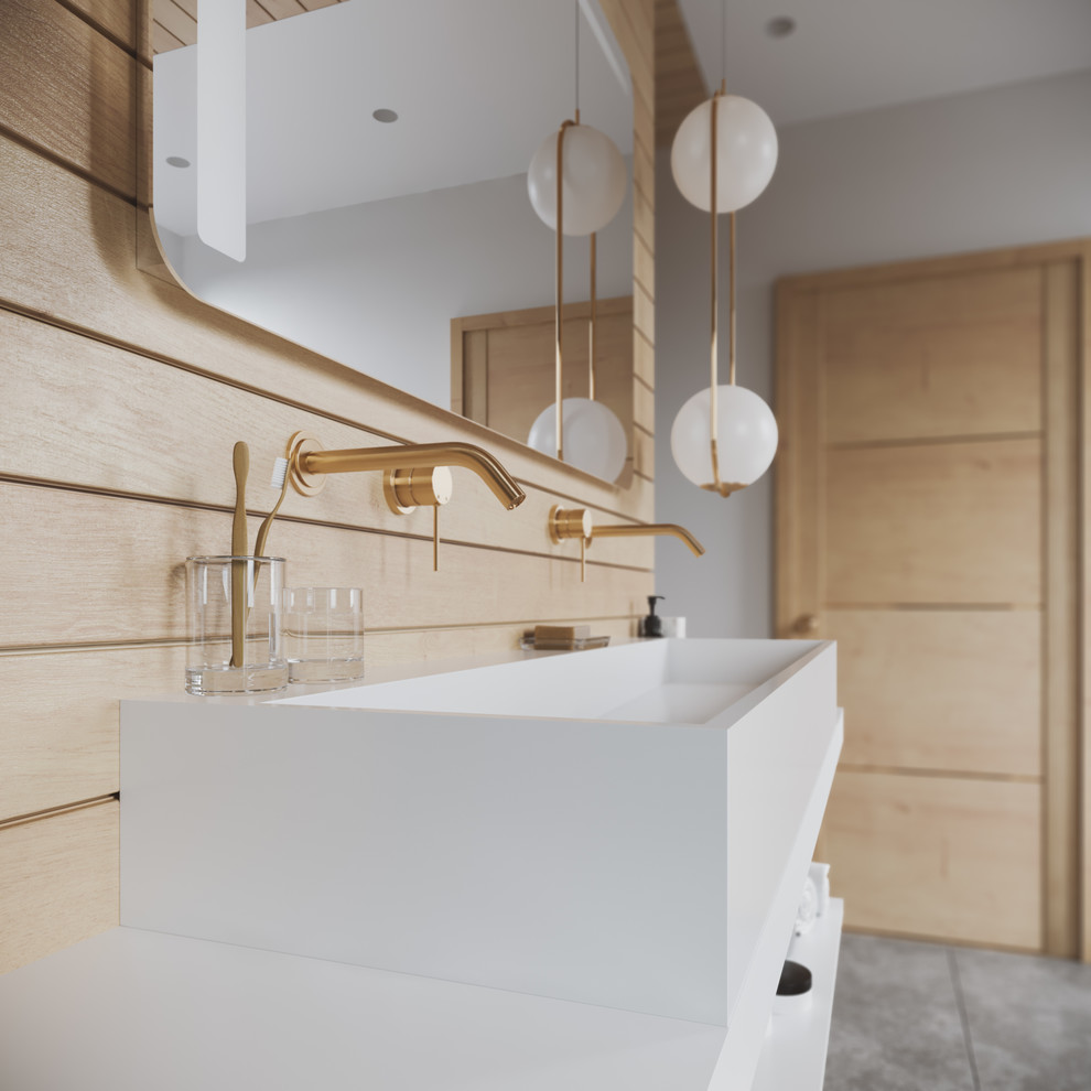 Inspiration for a large modern kids bathroom in Other with white cabinets, white walls, slate floors, a trough sink, grey floor and white benchtops.