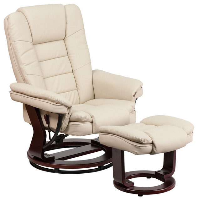 Contemporary Leather Recliner And Ottoman Set, Beige Contemporary