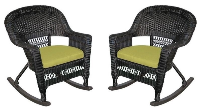 Jeco Wicker Rocker Chair in Black with Green Cushion (Set of 2)