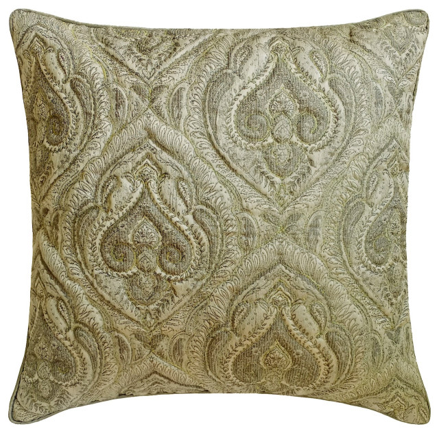 Gray Jacquard Quilted and Zari Embroidery 18"x18" Throw Pillow Cover, Venus