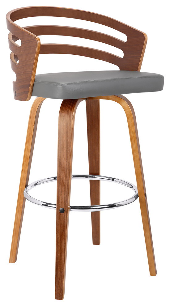 Aberdeen 26" Mid-Century Swivel Counter Stool, Gray Faux Leather With Walnut