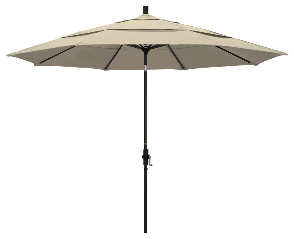 11' Stone Black Collar Tilt Crank Aluminum Umbrella, Sunbrella, Antique Beige