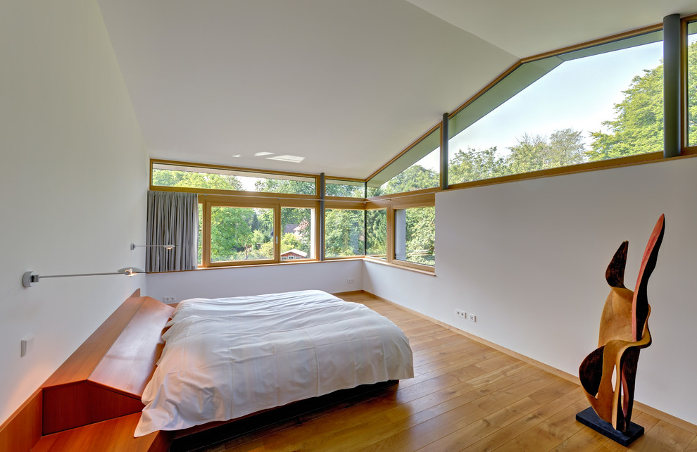 Design ideas for a mid-sized contemporary master bedroom in Bremen with white walls, light hardwood floors and no fireplace.