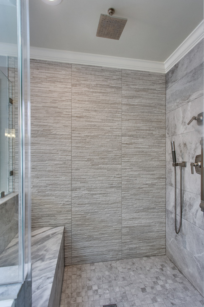 Inspiration for a large classic ensuite bathroom in DC Metro with recessed-panel cabinets, white cabinets, a freestanding bath, a corner shower, a submerged sink and granite worktops.