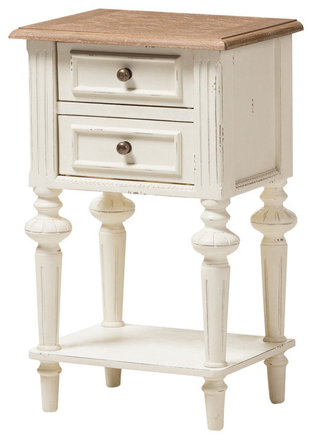 Marquetterie Oak And White Distressed Two Tone 2 Drawer And 1 Shelf Nightstand Farmhouse Nightstands And Bedside Tables By Baxton Studio