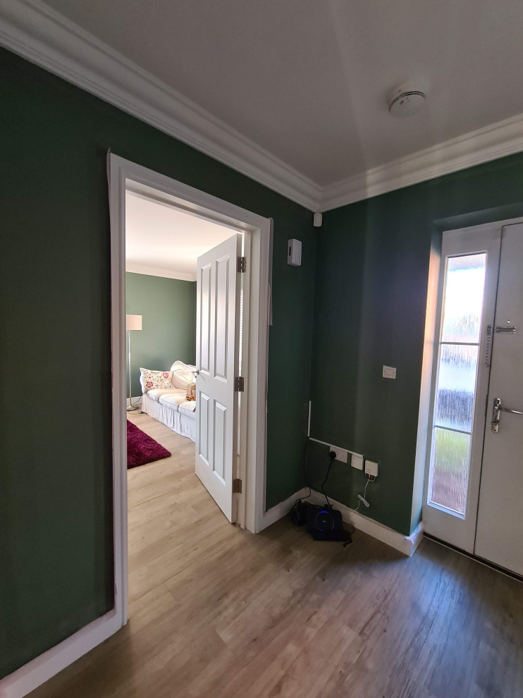 Offenes, Großes Modernes Esszimmer mit grüner Wandfarbe, Laminat und braunem Boden in Sonstige